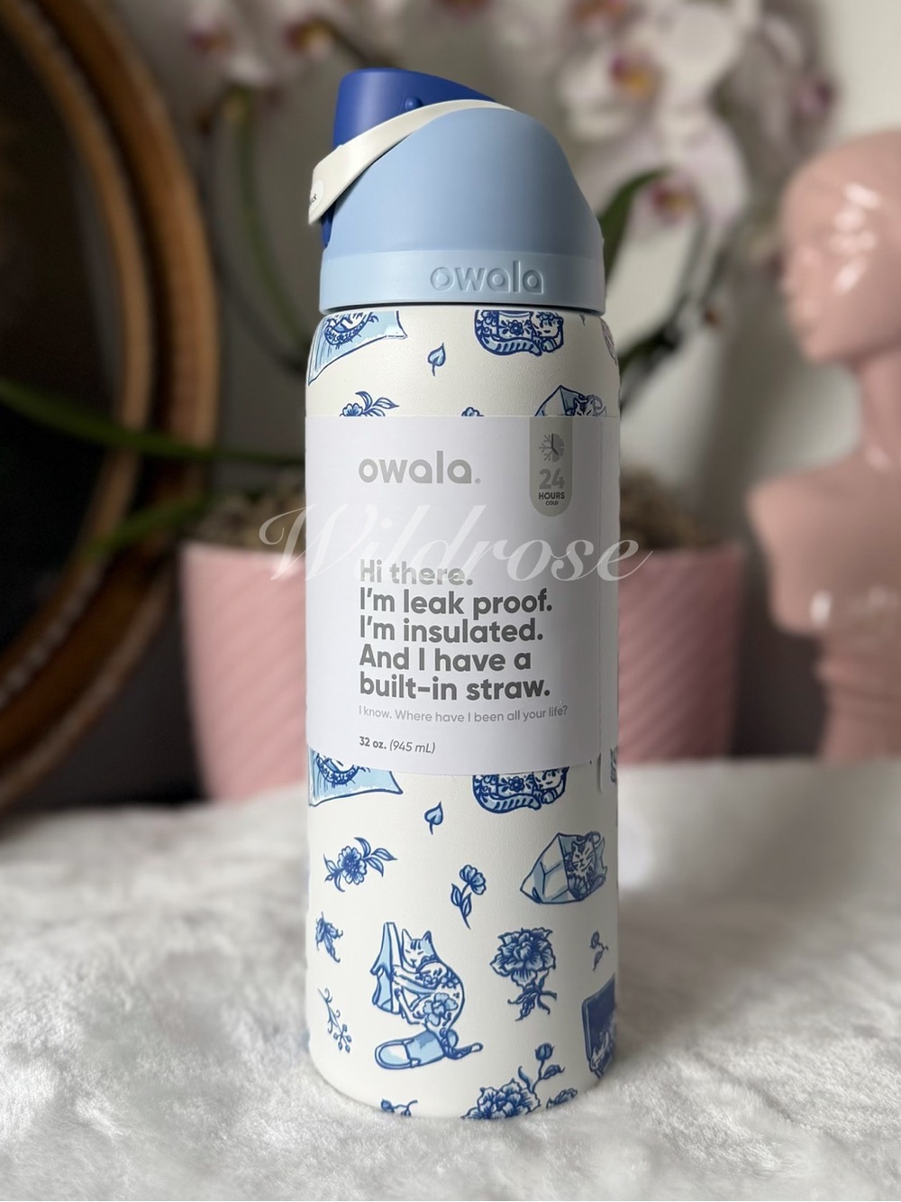 Owala Blue Delft Cat Collage Floral 32OZ Freesip leakproof tumbler new - Picture 2 of 7